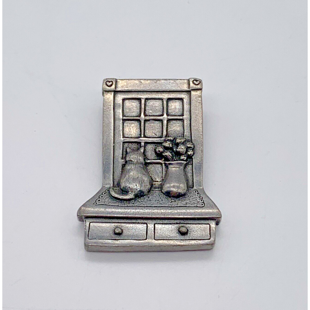 Vintage Danforth Pewter Cat Brooch Pin Kitty looking out window Vermont 1990s